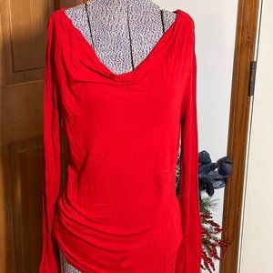 Red Rushed Cowel Neck Long Sleeve Shirt